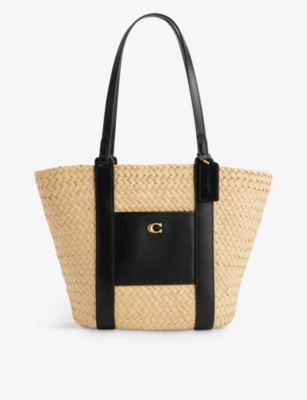COACH: Logo-patch straw and leather tote bag