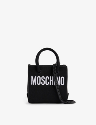 MOSCHINO: Still Life brand-embroidered satin top handle bag