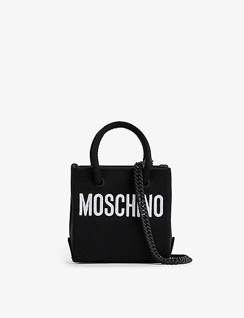 MOSCHINO: Still Life brand-embroidered satin top handle bag