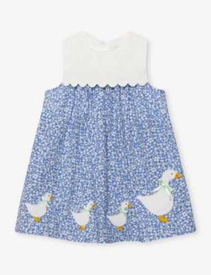 TROTTERS: Duck-embroidered floral-print cotton dress 3-24 months