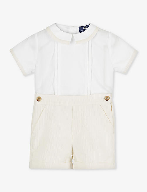 TROTTERS: Rupert contrast-piping cotton romper 3 months - 7 years