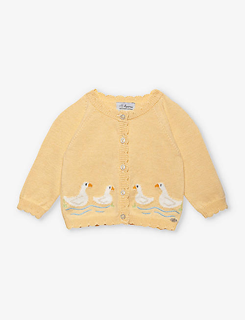 TROTTERS: Duckling cotton and wool knitted cardigan 0-9 months