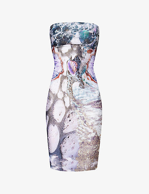 DI PETSA: Sea Goddess graphic-print stretch-recycled-polyester mini dress