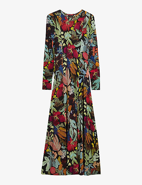 TED BAKER: Alexann floral-print long-sleeve stetch-woven midi dress