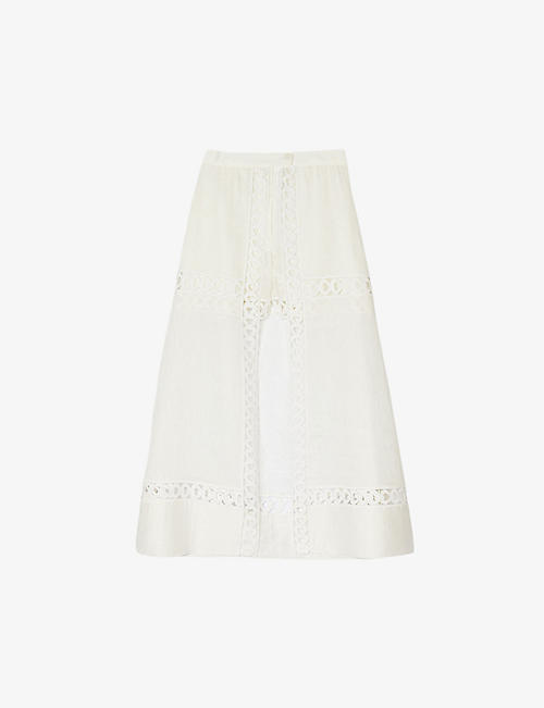 SANDRO: Open-embroidered linen-blend maxi skirt