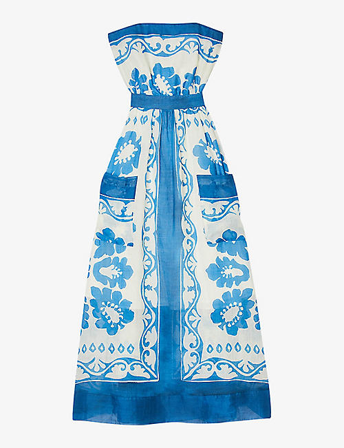 SANDRO: Graphic-print strapless woven maxi dress