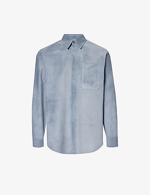 DUE DILIGENCE: Drizzle brand-plaque relaxed-fit suede shirt