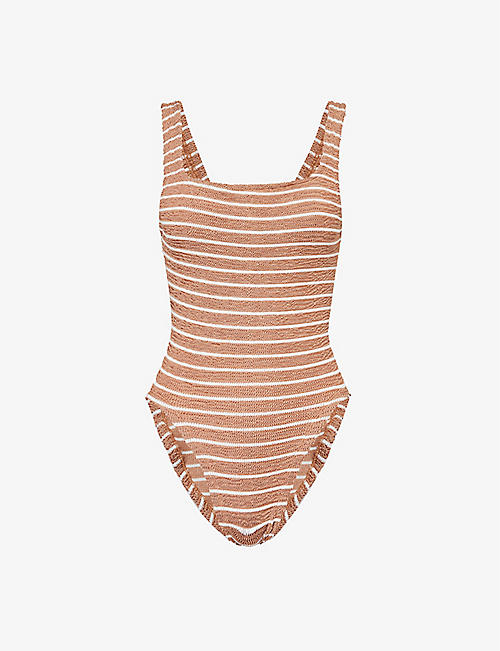 HUNZA G: Striped square-neck swimsuit