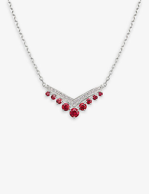 CHAUMET: Joséphine Aigrette 18ct white-gold, 0.23ct brilliant-cut diamond and ruby pendant necklace