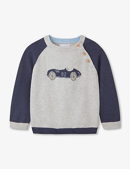 THE LITTLE WHITE COMPANY: Racing-car motif organic-cotton jumper 0-18 months