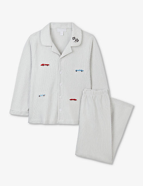 THE LITTLE WHITE COMPANY: Race car-embroidered cotton pyjama set 7-12 years
