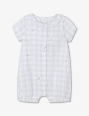 THE LITTLE WHITE COMPANY: Floral-embroidery gingham-check organic-cotton romper newborn-24 months