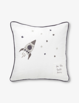 THE LITTLE WHITE COMPANY: Space Tooth Fairy brand-embroidered cotton cushion 25cm x 25cm