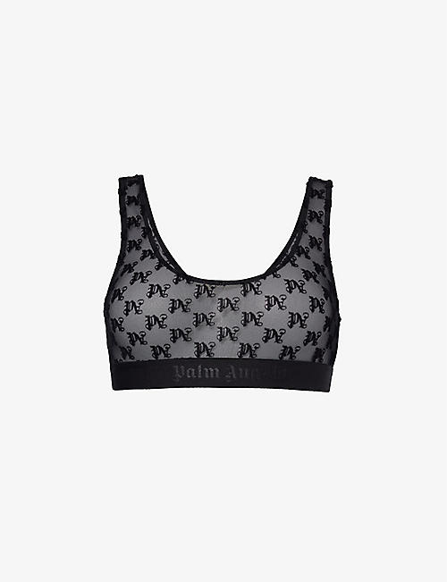 PALM ANGELS: Monogram branded-print lace bra