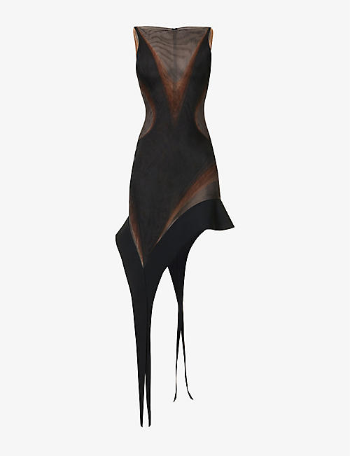 MUGLER: Contrast-panel asymmetric-hem stretch-woven mini dress