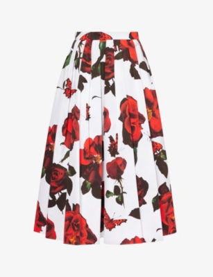 ALEXANDER MCQUEEN: Floral-pattern cotton-poplin midi skirt