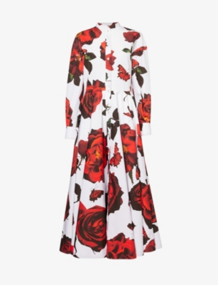 ALEXANDER MCQUEEN: Floral-pattern cotton-poplin midi dress
