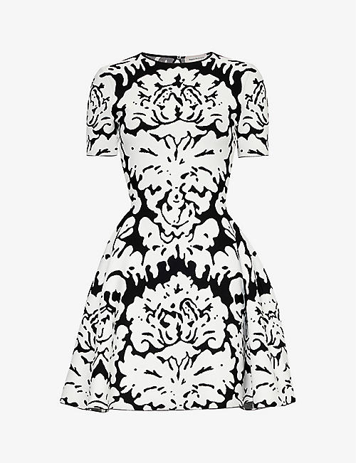 ALEXANDER MCQUEEN: Floral-pattern cut-out-back stretch-knit mini dress