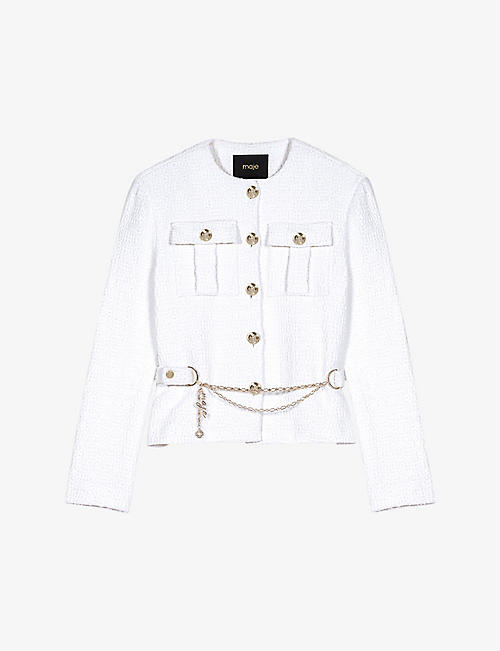 MAJE: Adjustable belt and charm tweed jacket