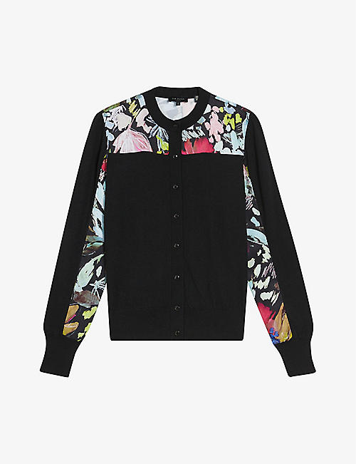 TED BAKER: Iileena floral-panel long-sleeve cotton and linen-blend cardigan