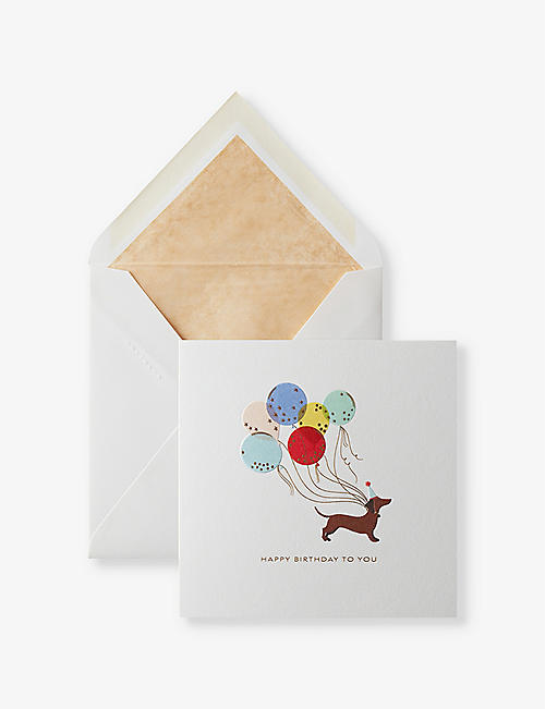SMYTHSON: Birthday Dog with Balloons birthday card 15cm x 15cm