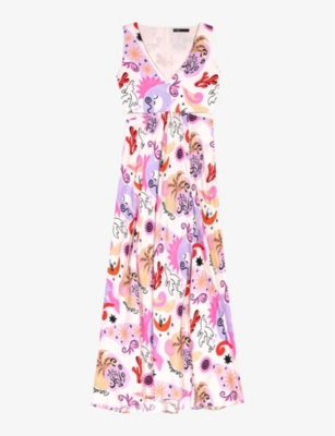 MAJE: Graphic-print cut-out silk maxi dress