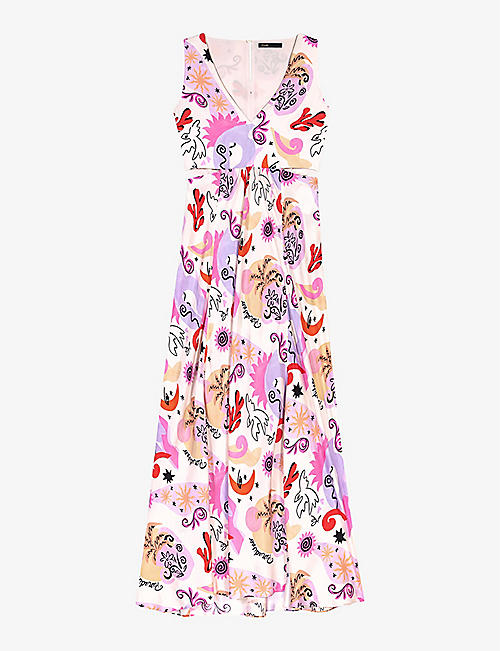 MAJE: Graphic-print cut-out silk maxi dress