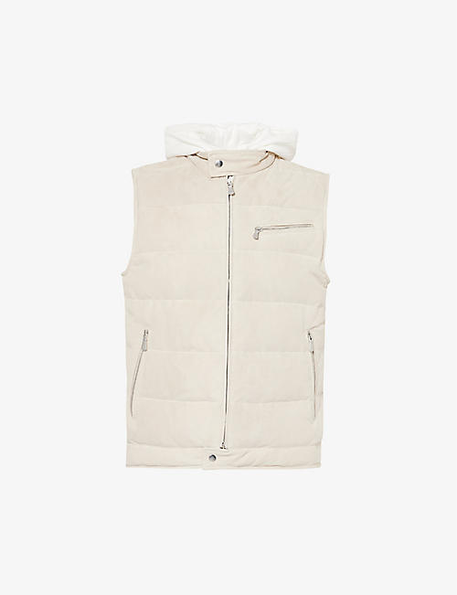 ELEVENTY: Detachable-hood quilted suede-down down gilet