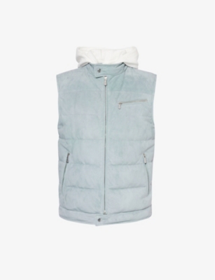 ELEVENTY: Detachable-hood quilted suede-down down gilet