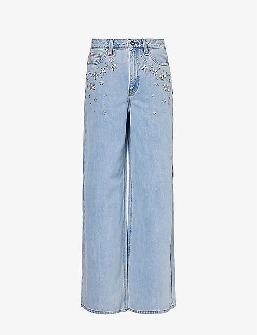 SELF PORTRAIT: Crystal-embellished wide-leg mid-rise jeans