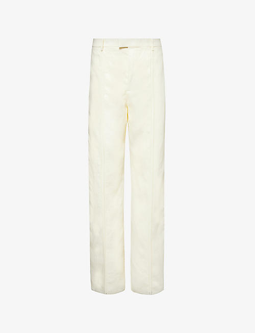 BOTTEGA VENETA: Perforated-trim straight-leg high-rise linen trousers
