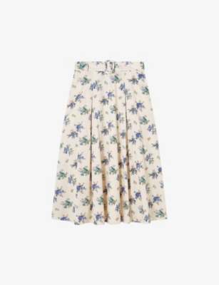 LK BENNETT: Elodie floral-print belted-waist cotton midi skirt