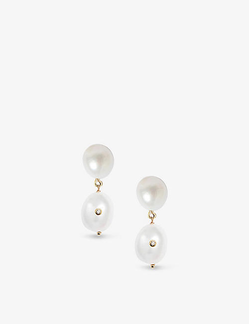 THE ALKEMISTRY: Poppy Finch Duo Oval 14ct yellow-gold diamond and pearl drop earrings