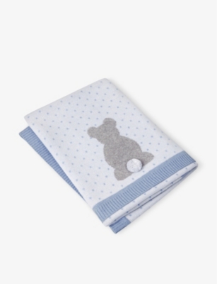 THE LITTLE WHITE COMPANY: Pom-embroidered bear-motif organic-cotton blanket 75cm x 100cm
