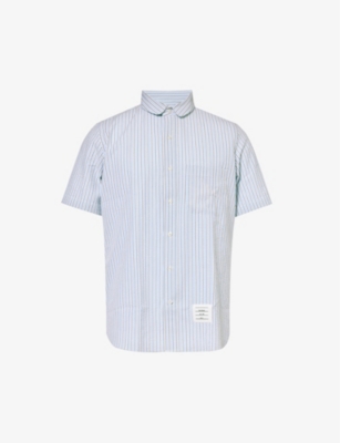 THOM BROWNE: Brand-patch boxy-fit cotton-seersucker shirt