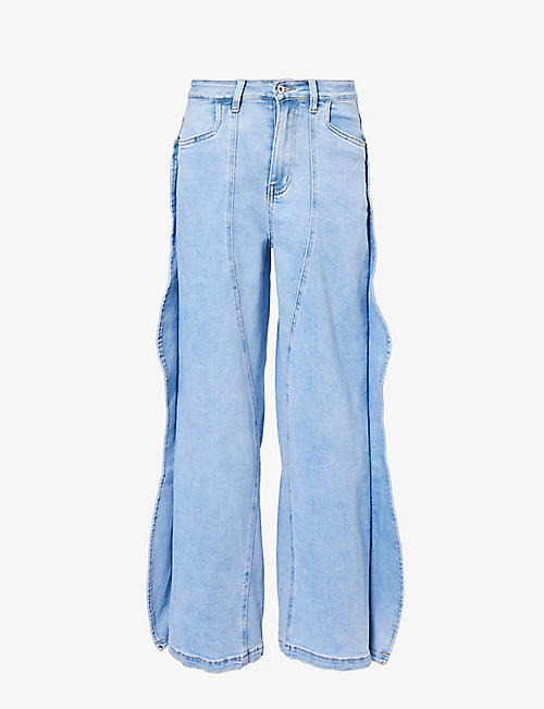AMY LYNN: Wavy-trim wide-leg high-rise stretch-denim jeans