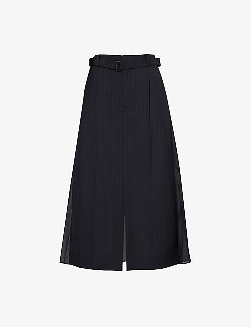SACAI: Pinstripe-pattern A-line woven midi skirt