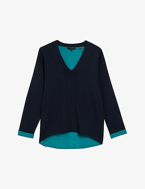 TED BAKER: Mikelaa contrast-trim V-neck stretch-knit jumper