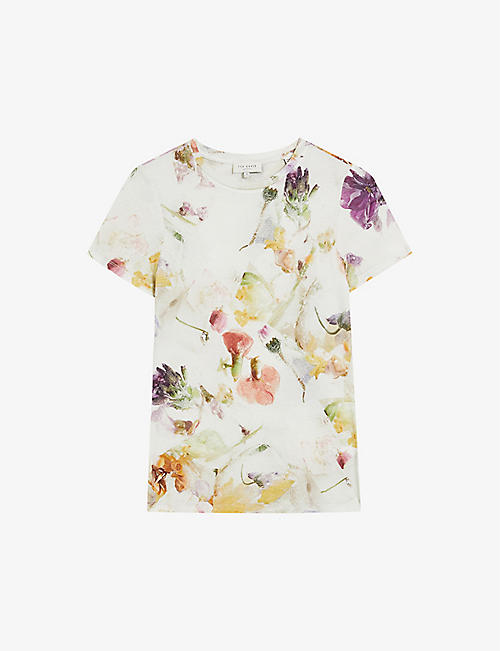 TED BAKER: Treyya floral-print short-sleeve stretch-woven T-shirt