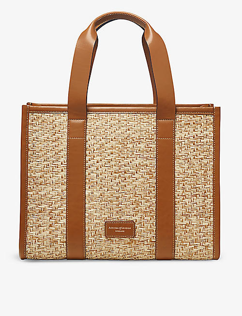 ASPINAL OF LONDON: Henley small raffia and leather tote bag