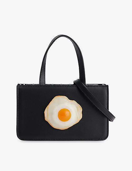 PUPPETS AND PUPPETS: Egg-appliqué small leather top-handle bag