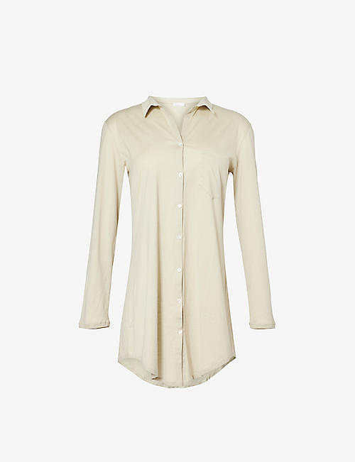 HANRO: Long-sleeve collar cotton-jersey nightdress