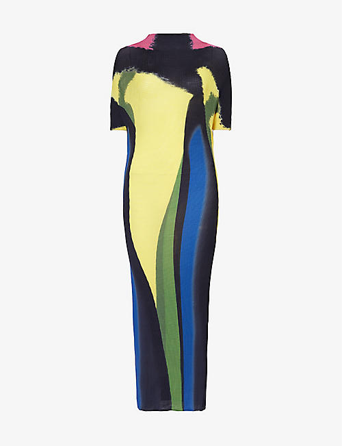 LEEM: Abstract-print plisse woven maxi dress