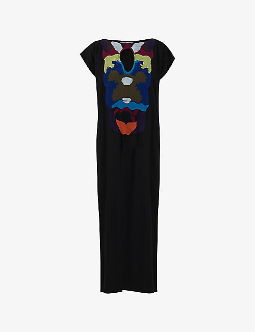 LEEM: Embroidered-neck short-sleeve woven midi dress