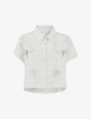 LEEM: Embroidered-panel short-sleeve cropped cotton-blend shirt