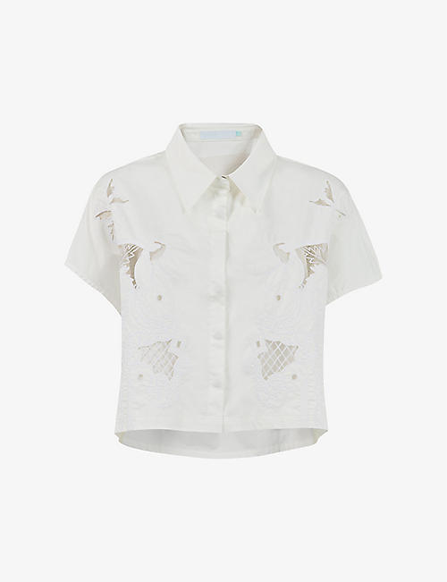 LEEM: Embroidered-panel short-sleeve cropped cotton-blend shirt