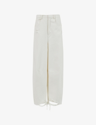 LEEM: Distressed barrel-leg high-rise cotton trousers