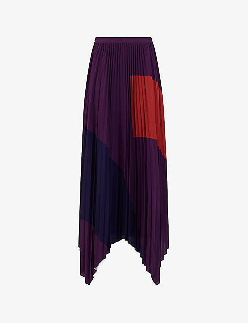 LEEM: Colour-block pleated woven midi skirt