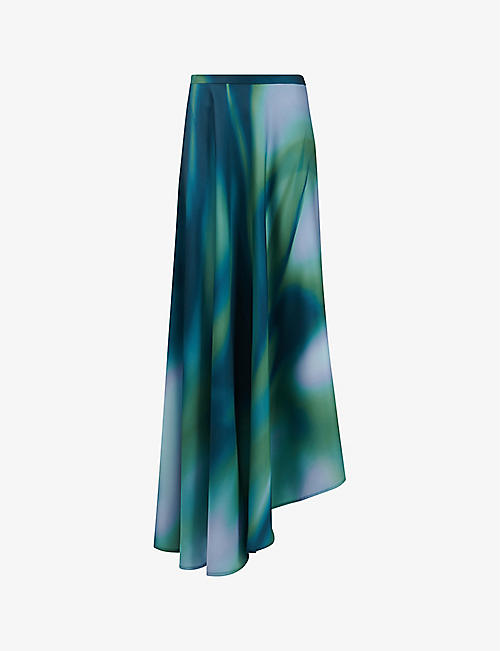 LEEM: Abstract-print asymmetric-hem woven midi skirt