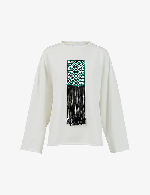 LEEM: Fringe-embroidered relaxed-fit cotton sweatshirt